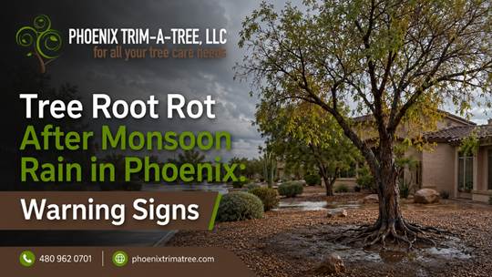 A strong monsoon storm can leave a Phoenix yard looking refreshed, but water that remains around a tree for too long can create a different problem below the surface. Roots need oxygen as well as moisture. When heavy soil stays saturated, weakened roots may begin to decline and soil borne organisms can take advantage. Root rot is not the only reason a tree wilts or drops leaves in August. Heat stress, irrigation failure, trunk injury and other diseases can look similar. The warning signs below can help homeowners decide when a professional inspection is needed. Watch for Changes That Continue After the Storm Temporary leaf drop after wind and extreme heat does not always mean a tree is dying. Concern increases when the canopy continues thinning several days after the soil should have started drying. Look for yellowing leaves, wilted growth, dead branch tips or one section of the canopy declining faster than the rest. A tree may also produce fewer new leaves or appear dull even though the surrounding soil is wet. Do not assume more water is the answer. Adding irrigation to already saturated soil can make root conditions worse. Check the Soil Around the Root Zone Push a long screwdriver or soil probe into the ground several feet from the trunk. Soil that remains wet and soft long after nearby areas have dried may indicate poor drainage or excessive irrigation. Check whether roof runoff, a downspout, a low spot or a broken irrigation line is sending extra water toward the tree. Gravel can hide standing moisture, so inspect beneath the surface rather than judging by appearance alone. Water should be applied across the active root area, not concentrated against the trunk. Repeated watering at the base can keep the crown wet and encourage decay. Inspect the Trunk at Ground Level The root flare is the area where the trunk widens and meets the soil. It should remain visible rather than buried beneath soil, rock or deep mulch. Look for darkened bark, soft tissue, cracking or fluid near the lower trunk. Mushrooms or other fungal growth around the base do not prove that the living roots are rotten, but they are a reason to arrange an assessment. Do not scrape bark, dig through major roots or apply a home fungicide without a diagnosis. Damage from digging can create another entry point for decay. Review the Irrigation Schedule Automatic irrigation often continues on its normal summer program after a monsoon storm. That can give a mature tree rainwater followed by another full irrigation cycle before the soil has drained. Pause or adjust irrigation according to actual soil moisture, tree species and soil type. Phoenix clay soils may remain wet below the surface after the top layer looks dry. Desert adapted trees usually need a different schedule from citrus, ficus or other high water use species. Deep watering is generally better than frequent shallow watering, but the soil should be allowed to regain air between applications. Understand Why Diagnosis Matters Root and crown diseases can cause gradual decline, sudden wilting or branch dieback. The University of Arizona notes that apple, pistachio, peach and citrus trees can be vulnerable to Phytophthora problems when grown in heavy or excessively wet soil.  Those symptoms can overlap with cotton root rot, vascular wilt, heat injury and damaged irrigation. A professional may need to inspect the root flare, soil, canopy and irrigation system before recommending treatment. Some trees can recover when drainage and watering problems are corrected early. A tree with extensive root loss, a decayed trunk base or serious instability may need removal for safety. Arrange a Tree Health Inspection With Phoenix Trim A Tree Phoenix Trim A Tree provides tree health care, pruning, removal, deep root feeding, stump grinding and storm damage service throughout Phoenix, Mesa, Chandler, Scottsdale, Glendale, Gilbert and Tempe. The company is fully insured and led by an ISA Certified Arborist with agricultural training. If a tree remains wilted, yellow or unstable after monsoon rain, call 480 962 0701 for a free estimate and professional assessment.  References Phoenix Trim A Tree: Tree Care Services Phoenix Trim A Tree: About the Company Phoenix Trim A Tree: Residential Tree Services University of Arizona Cooperative Extension: Phytophthora Rots University of Arizona Cooperative Extension: Arizona Landscape Palms and Their Management